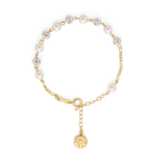 Pope Leo XIV Gold-plated Sterling Silver Bracelet with White Pearl and Rhinestones Beads