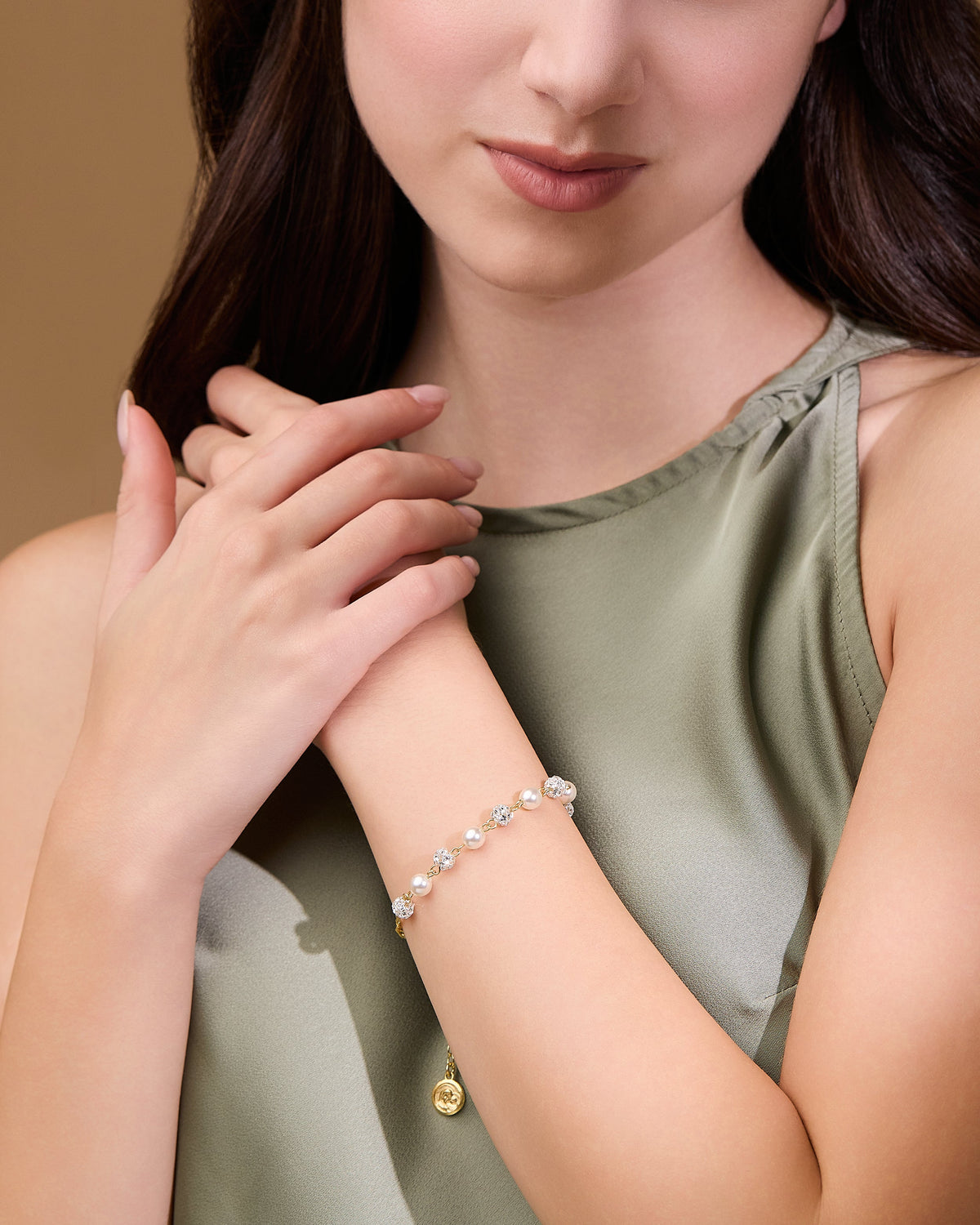 Pope Leo XIV Gold-plated Sterling Silver Bracelet with White Pearl and Rhinestones Beads