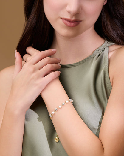 Pope Leo XIV Gold-plated Sterling Silver Bracelet with White Pearl and Rhinestones Beads