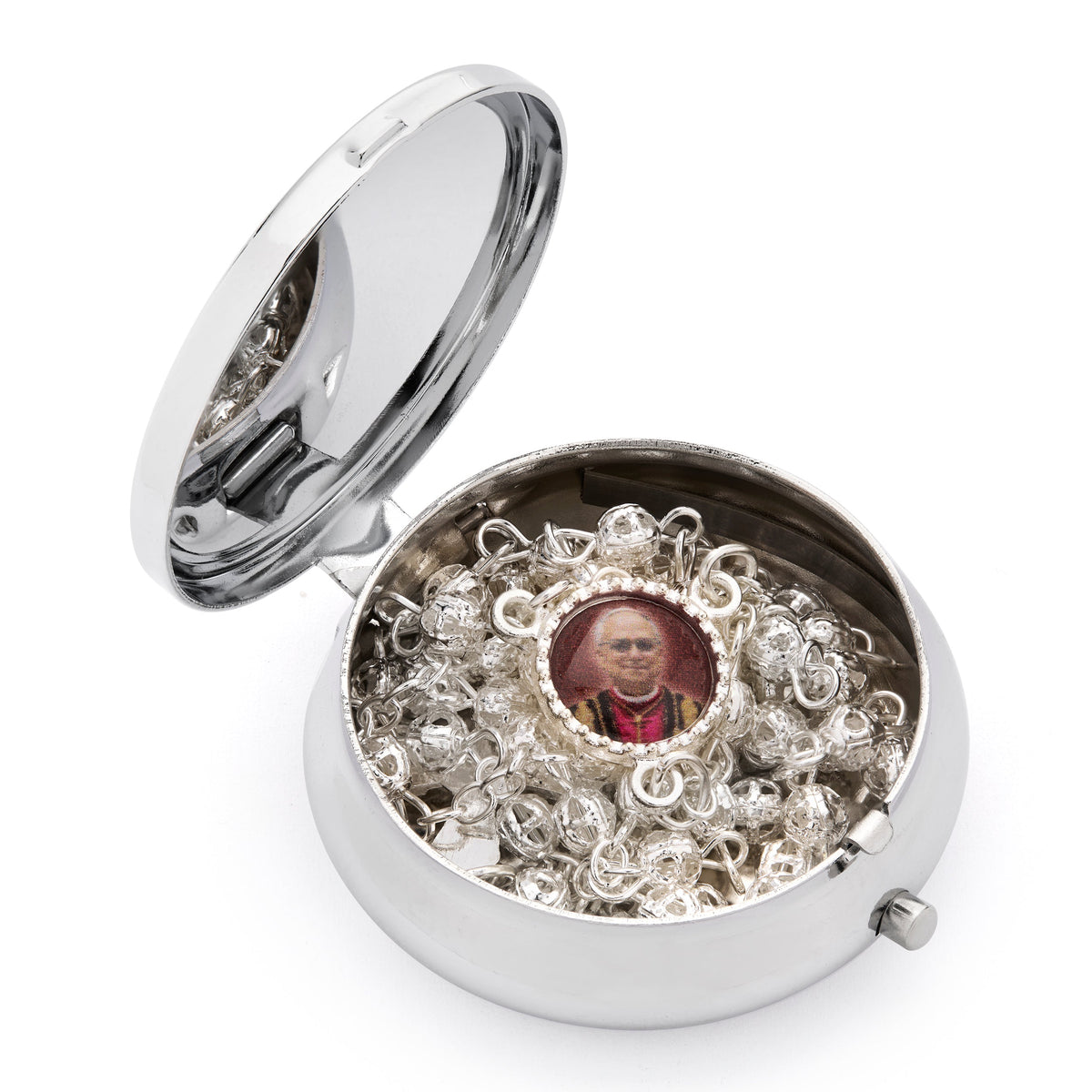 Pope Leo XIV Metal Rosary Case with Metal Rosary