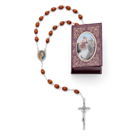 Pope Leo XIV Red Rosary Case with Wood Rosary