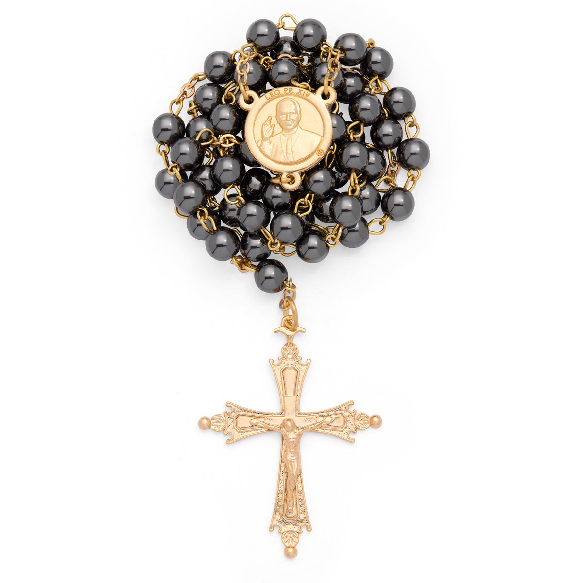 Pope Leo XIV Rosary in Gold-Tone with Hematite Beads