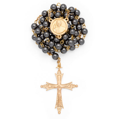 Pope Leo XIV Rosary in Gold-Tone with Hematite Beads
