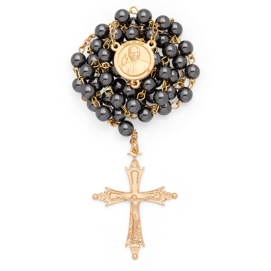 Pope Leo XIV Rosary in Gold-Tone with Hematite Beads