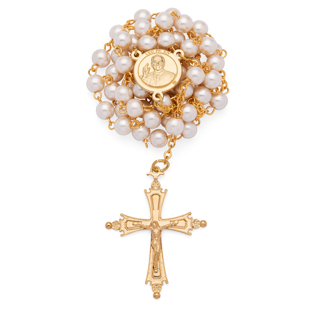 Pope Leo XIV Rosary in Gold-Tone with Synthetic Pearl Beads