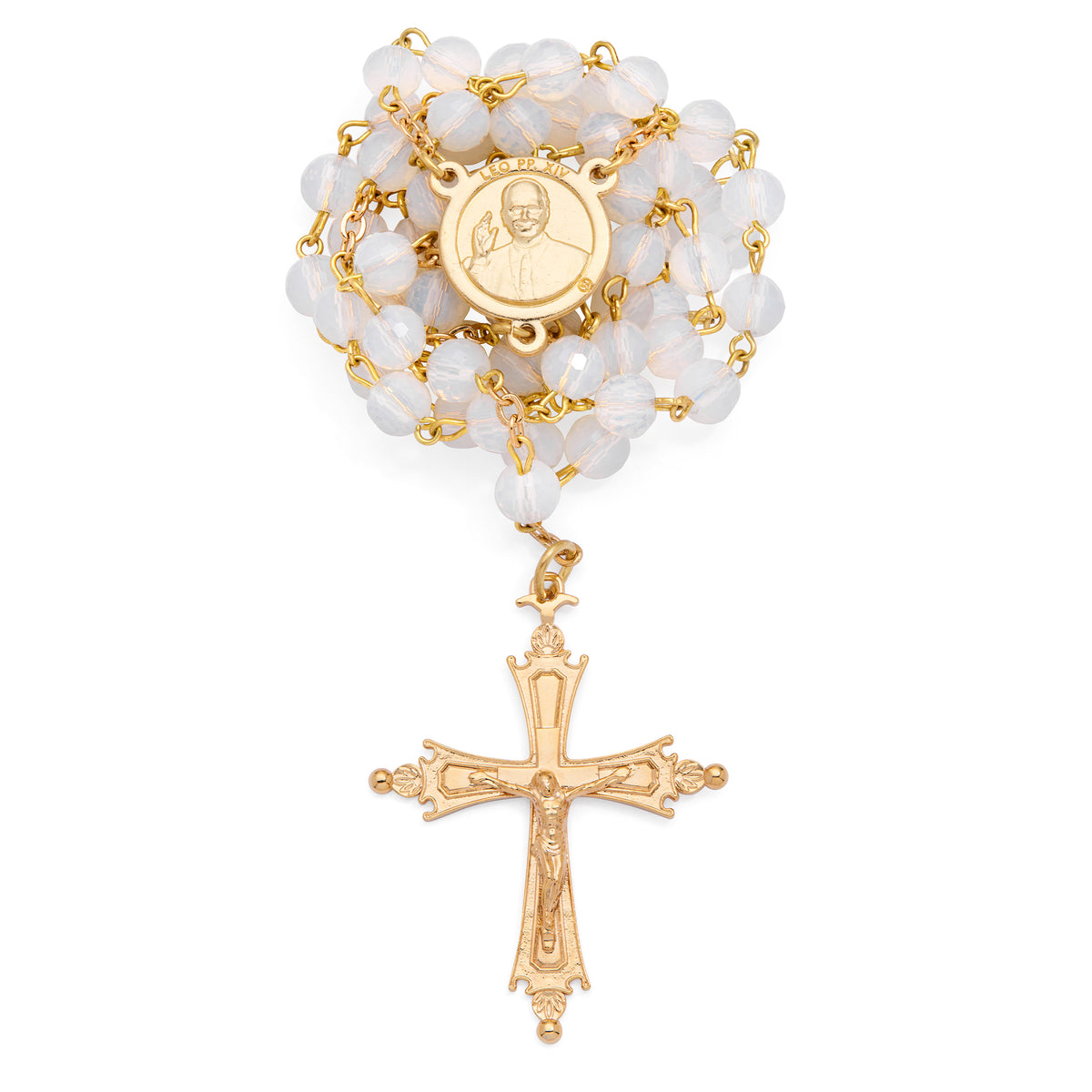Pope Leo XIV Rosary in Gold-Tone with White Crystal Beads