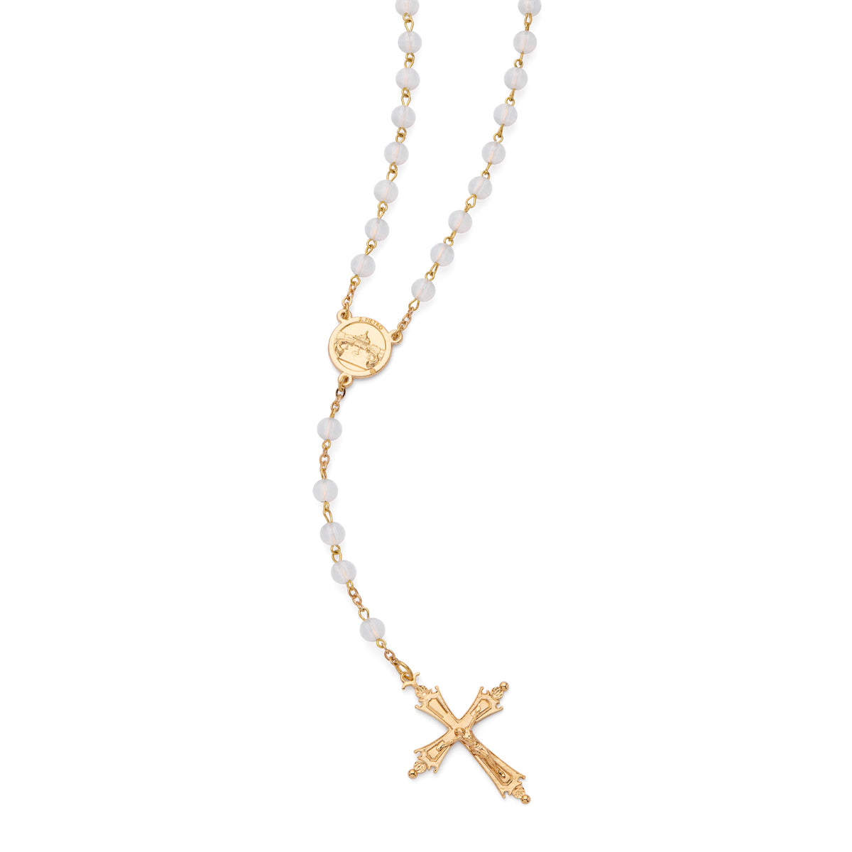 Pope Leo XIV Rosary in Gold-Tone with White Crystal Beads