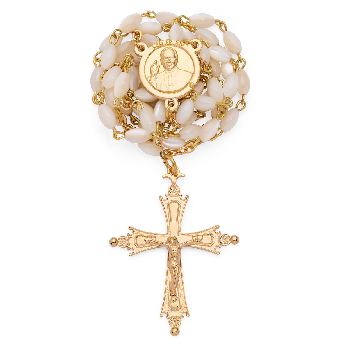Pope Leo XIV Rosary in Gold-Tone with Oval Mother-of-Pearl Beads