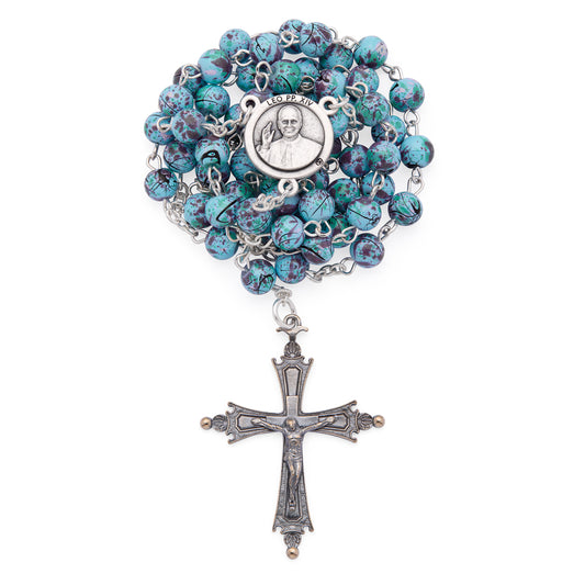 Pope Leo XIV Rosary with Turquoise Beads Speckled in Purple and Green