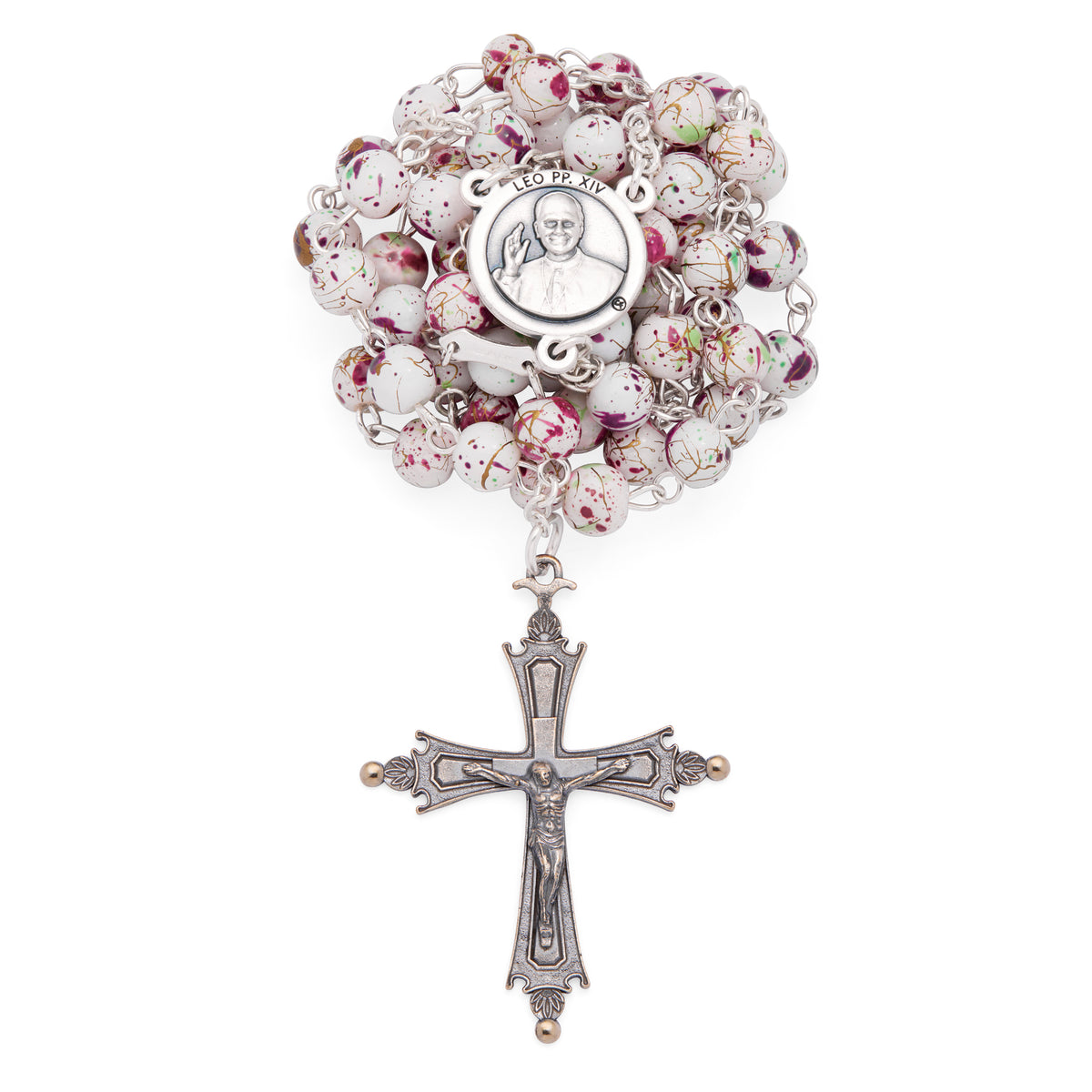 Pope Leo XIV Rosary with White Beads Speckled in Pink and Green