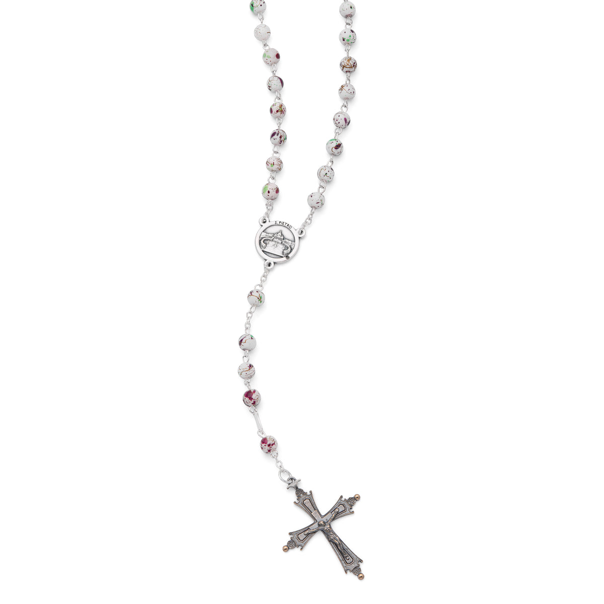 Pope Leo XIV Rosary with White Beads Speckled in Pink and Green