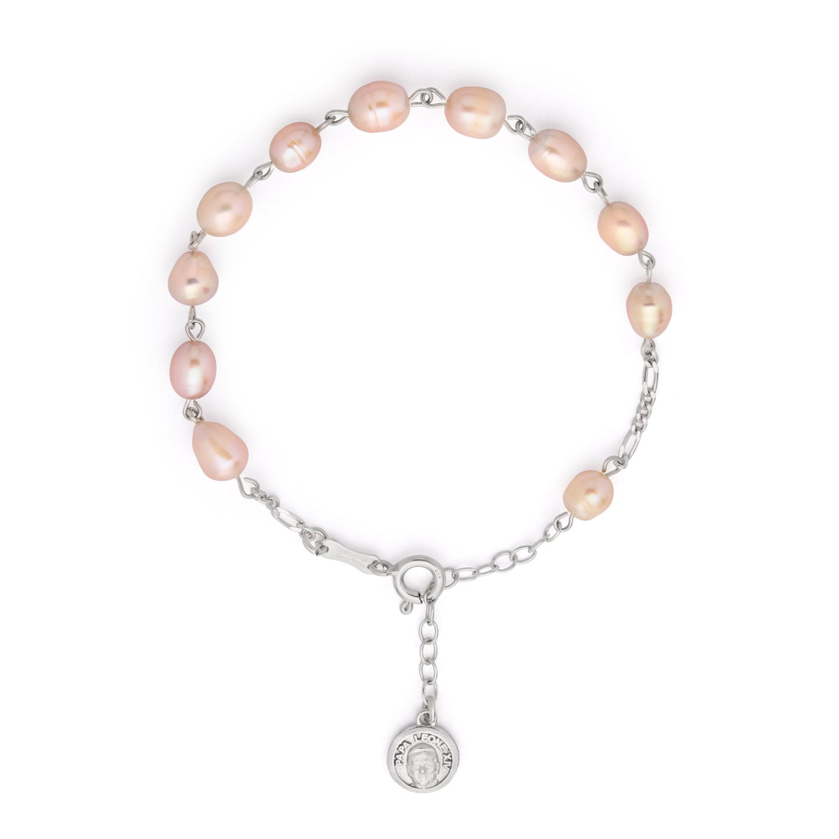 Pope Leo XIV Sterling Silver Bracelet with Pink Freshwater Pearl Beads