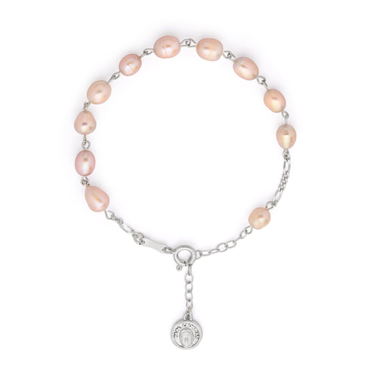 Pope Leo XIV Sterling Silver Bracelet with Pink Freshwater Pearl Beads