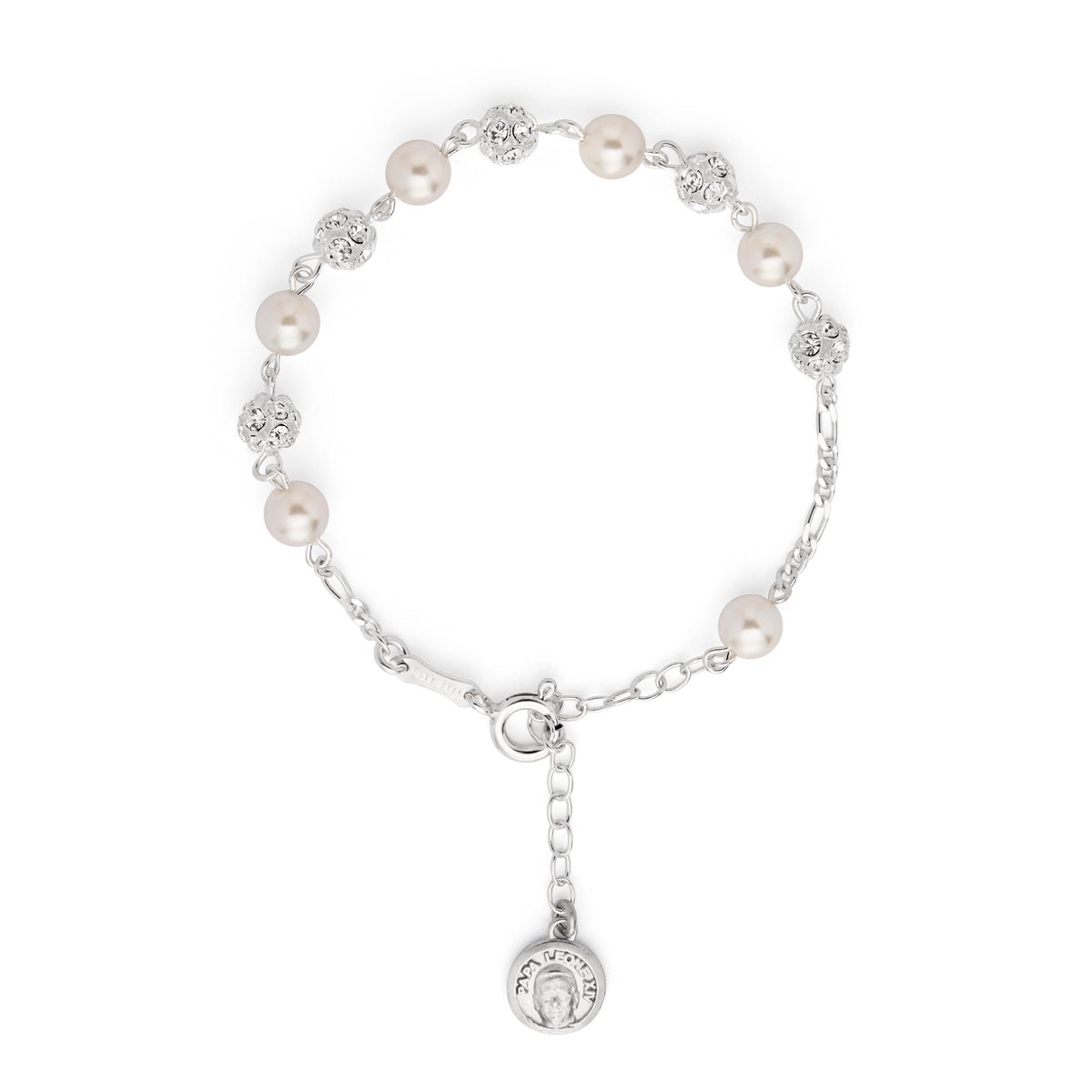 Pope Leo XIV Sterling Silver Bracelet with White Pearl and Rhinestones Beads