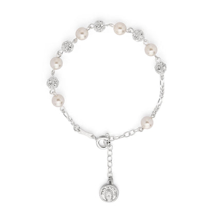 Pope Leo XIV Sterling Silver Bracelet with White Pearl and Rhinestones Beads
