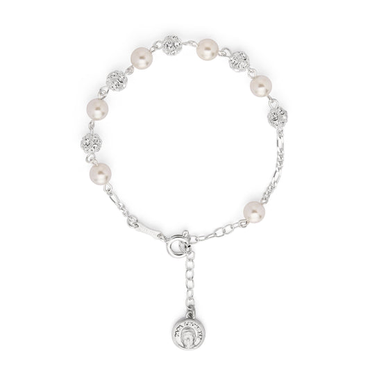 Pope Leo XIV Sterling Silver Bracelet with White Pearl and Rhinestones Beads
