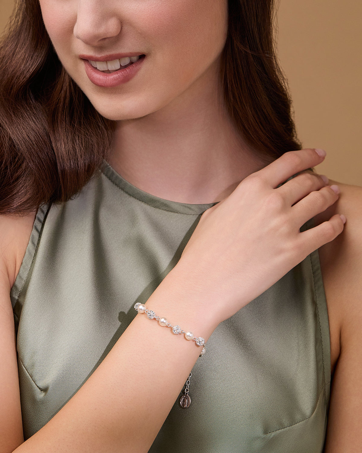 Pope Leo XIV Sterling Silver Bracelet with White Pearl and Rhinestones Beads