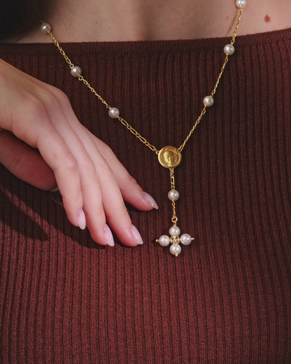 Gold-plated Sterling Silver Pope Leo XIV Necklace with White Pearls Beads