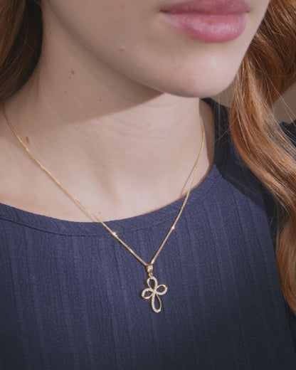 Gelbgold Feine Schleife Kreuz Anhänger mit Cubic Zirkonia