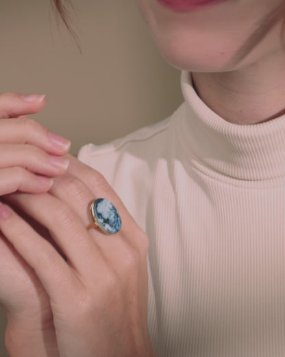 Yellow Gold Ring With Black Agate Cameo Portraying a Woman