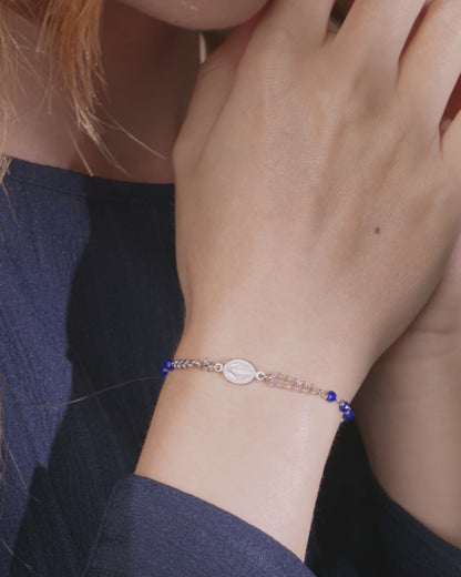 Bracciale Doppio Filo in Argento 925 e Grani Blu con Medaglia Miracolosa e Croce