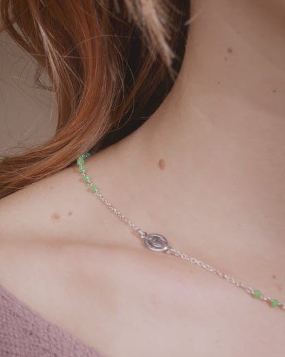 Sterling Silver Rosary Necklace with Green Beads