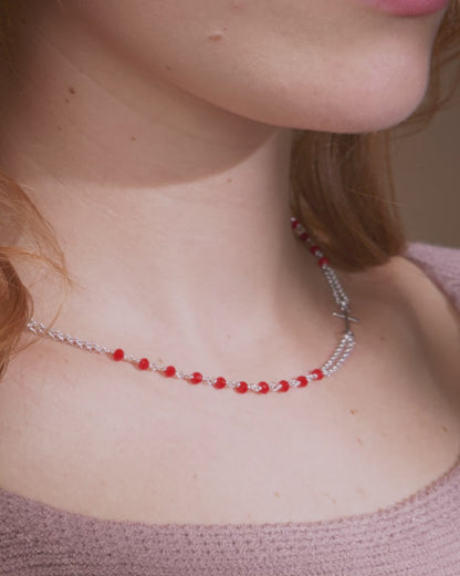 Sterling Silber Doppelstrang Rosenkranz Halskette mit roten Perlen