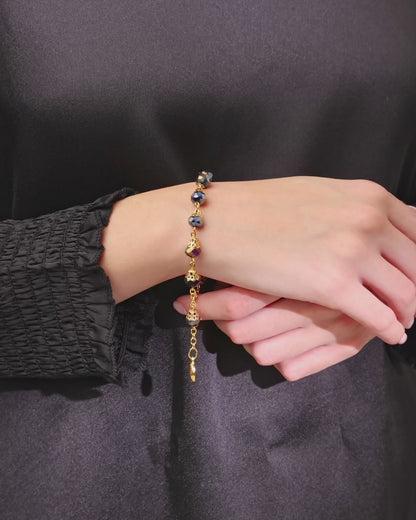 Gold-tone Rosary Bracelet with Balloon-shaped Black Crystal Beads