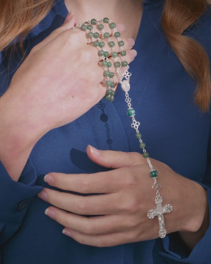 Sterling Silver Rosary with Aventurine and Hand-Painted Floral Glass Beads