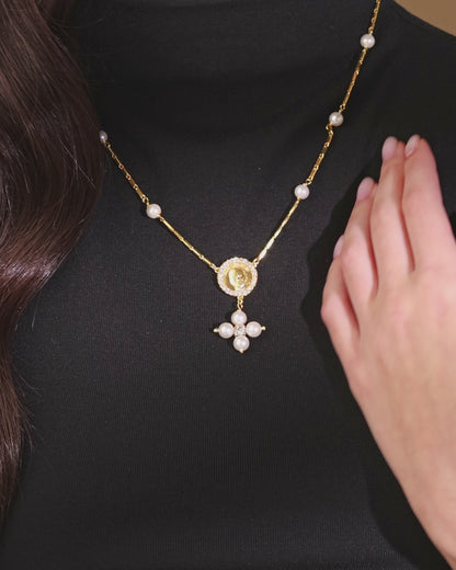 Gold-plated Sterling Silver Pope Leo XIV Necklace with White Pearl Beads and Rhinestone Centerpiece