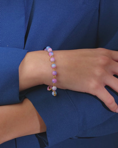 Gold-tone Rosary Bracelet with Pink and Light Blue Variegated Beads