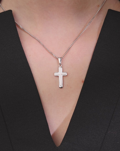 Sterling Silver Cross Pendant With Satin Interior and Rounded Corners