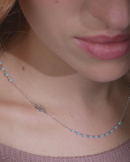 Collar Rosario De Plata Con Cuentas Azul Claro