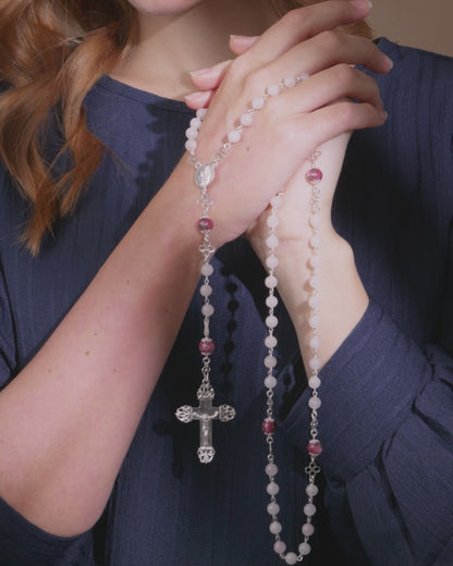 Sterling Silver Rosary with Rose Quartz and Hand-Painted Floral Glass Beads
