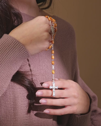 Sterling Silver Pope Leo XIV Rosary with Oval Olive Wood Beads