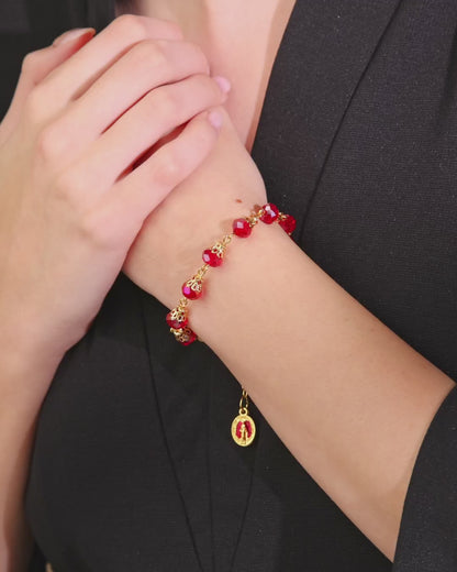 Gold-tone Rosary Bracelet with Balloon-shaped Red Crystal Beads