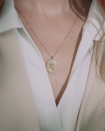 Yellow Gold Miraculous Medal with Diamonds and Yellow Gold Chain