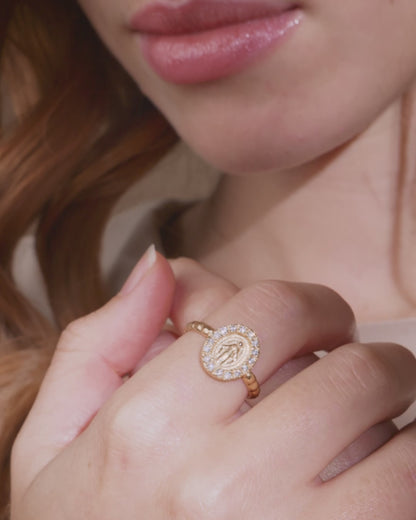 Gold-plated Sterling Silver Worked Adjustable Ring with Miraculous Medal
