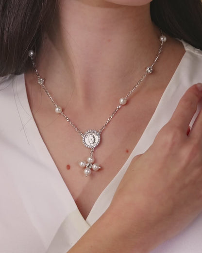 Collier en Argent 925 du Pape Léon XIV avec Perles Blanches et Perles Strassées