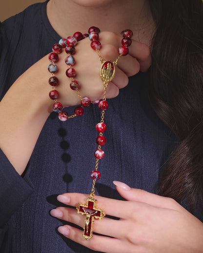 Pope Francis Rosary with Dark Red and Light Blue Variegated Beads