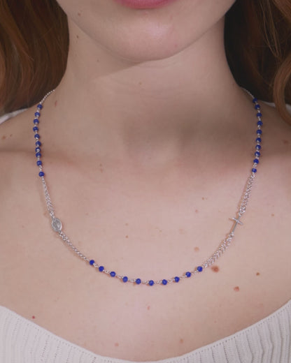 Sterling Silver Double Strand Rosary Necklace with Blue Beads