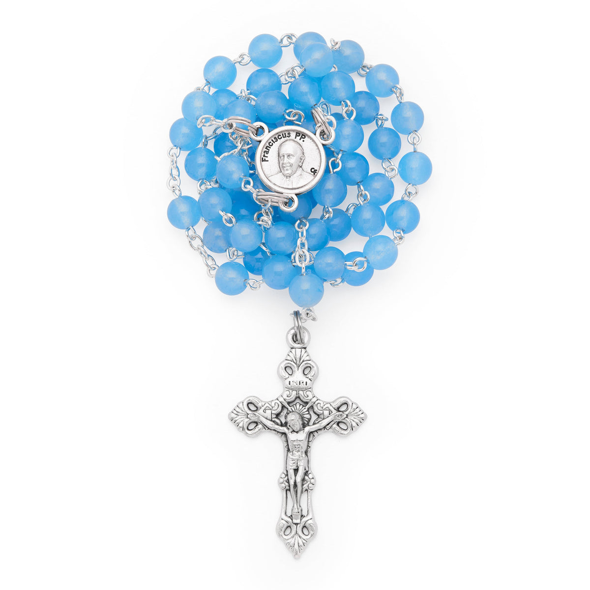 Real Aquamarine Gemstone Rosary with Pope Francis