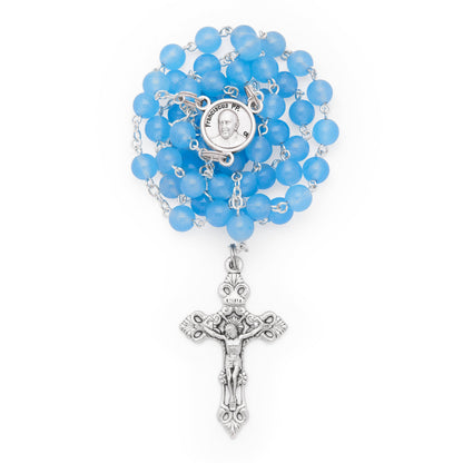 Real Aquamarine Gemstone Rosary with Pope Francis