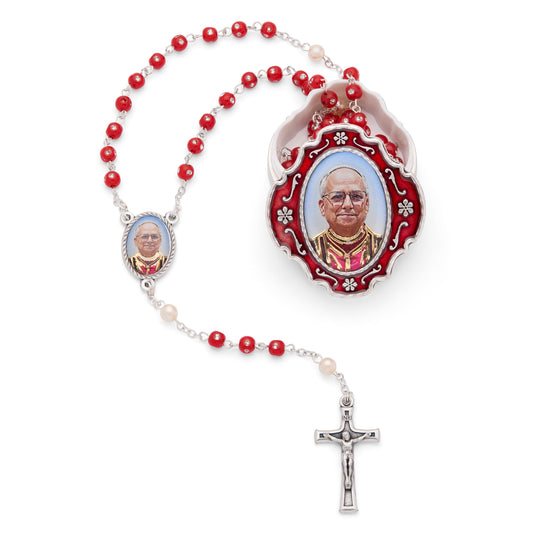 Red Enamel Pope Leo XIV Rosary Case with Red Rosary