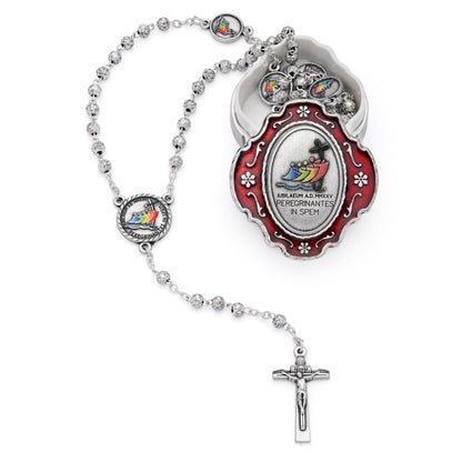 Red Enameled Jubilee 2025 Rosary Case With Rose-shaped Beads Rosary