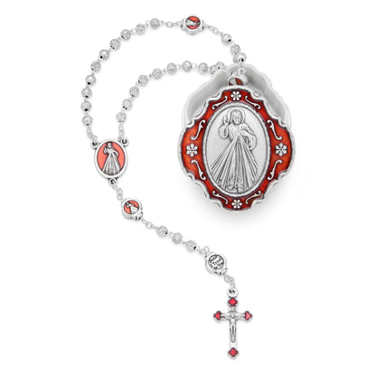 Red Enameled Merciful Jesus Rosary Case With Rose-shaped Beads Rosary