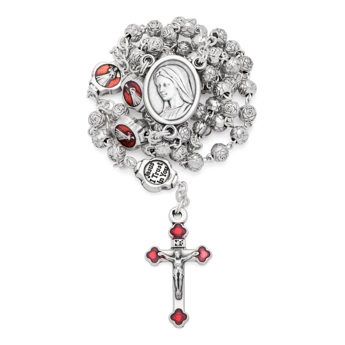 Red Enameled Merciful Jesus Rosary Case With Rose-shaped Beads Rosary