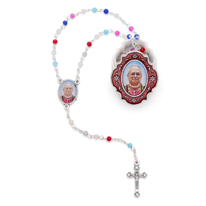 Small Red Enameled Pope Leo XIV Rosary Case with Multicolor Rosary