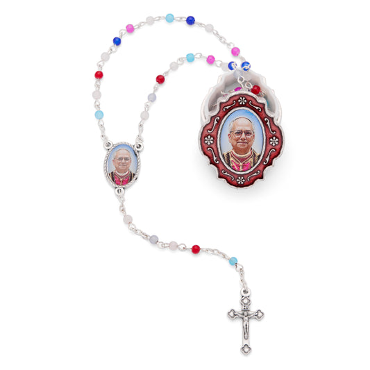 Small Red Enameled Pope Leo XIV Rosary Case with Multicolor Rosary