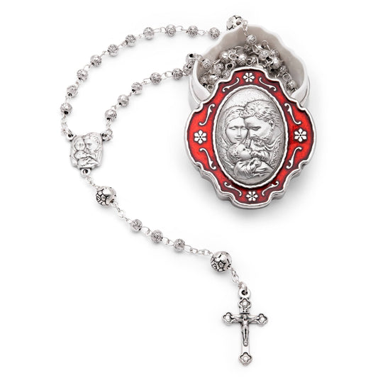 Red Enameled Holy Family Rosary Case With Rose-shaped Beads Rosary
